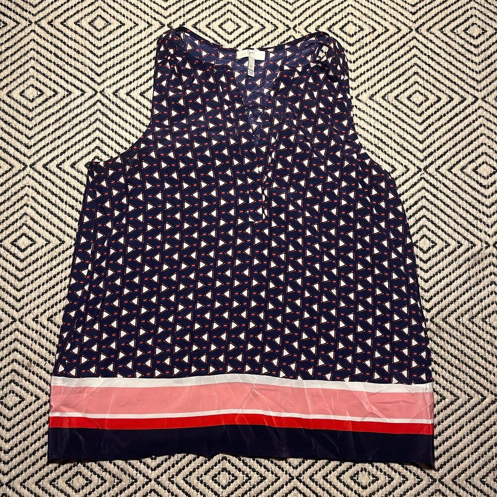 Joie Women's M Sleeveless 100% Silk Blouse Blue Red Triangle Print Stripe Twee